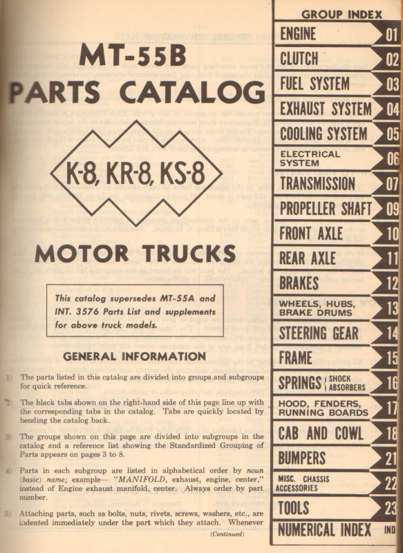 Original K 8 KR 8 KS 8 International Harvester Illustrated Truck Parts Catalog